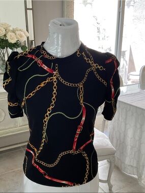Haute Monde Black Top with Gold Chain and Red Strap Print